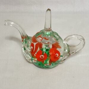 Vtg Joe St Clair art glass teapot paperweight ring holder orange trumpet flowers
